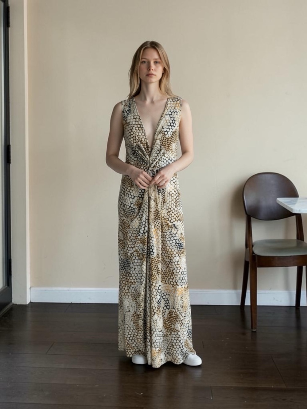 NEW 1. State Neutral Mosaic Print Deep V Maxi Dress SIZE XL